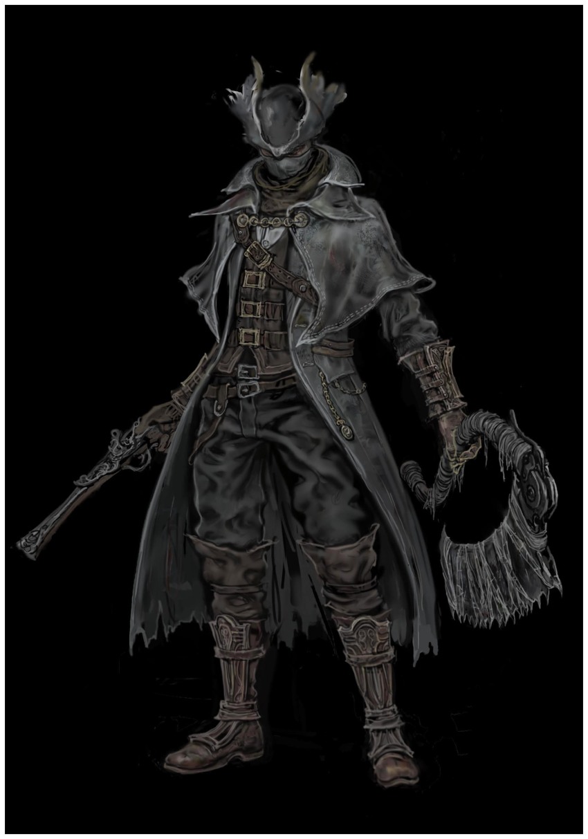 1boy absurdres antique_firearm bandana belt black_bandana black_belt black_coat black_mask black_pants bloodborne bracer brown_gloves brown_vest capelet coat firearm firelock flintlock gloves grey_capelet gun handgun hat highres holding holding_gun holding_saw holding_weapon hunter_(bloodborne) leather leather_gloves long_sleeves pants pocket_watch red_eyes robinrot simple_background solo tricorne vest watch weapon