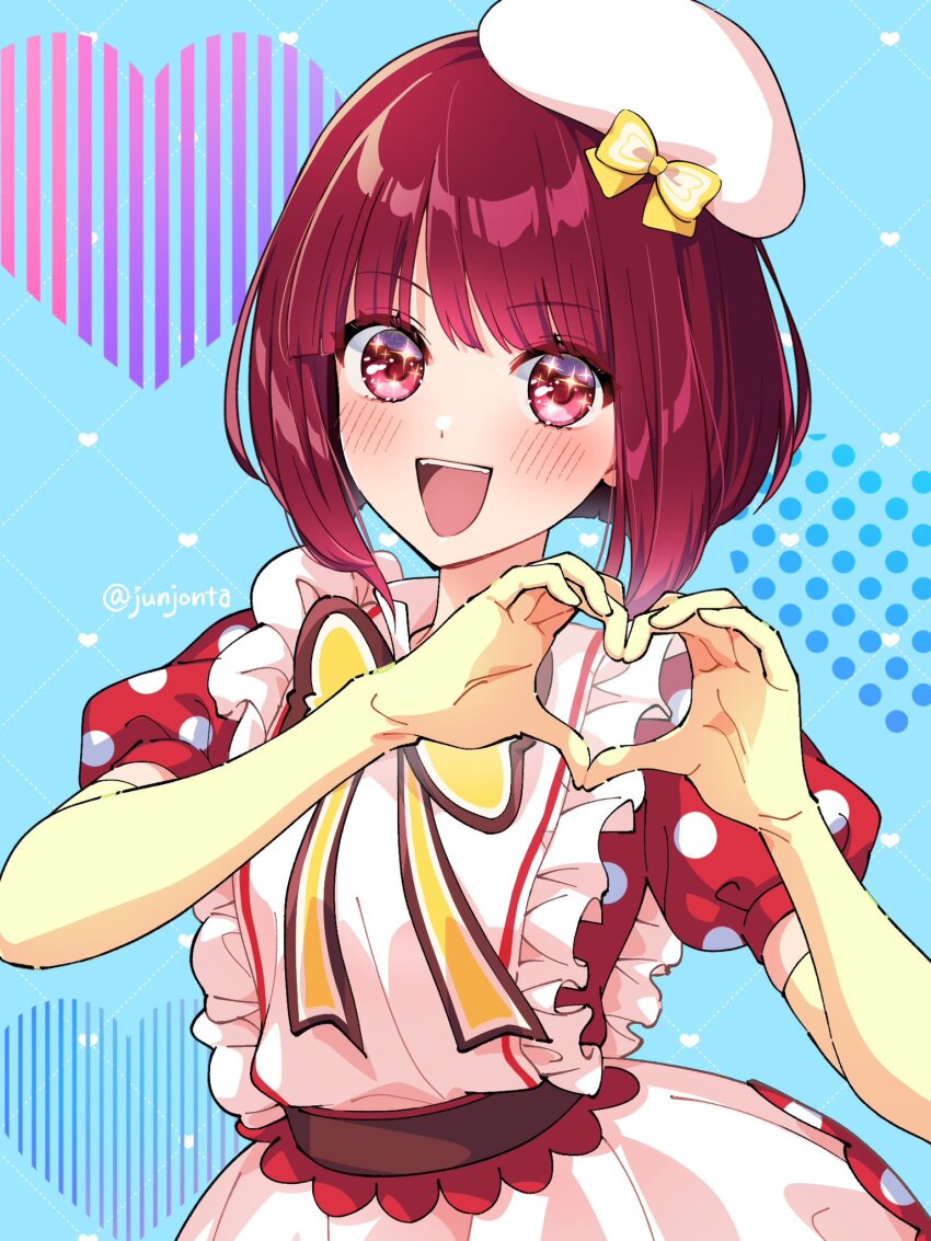 1girl arima_kana beret blue_background blush bob_cut bow bowtie dress gloves hair_bow hat heart highres idol_clothes junjonta looking_at_viewer medium_hair open_mouth oshi_no_ko red_dress red_eyes red_hair short_hair simple_background smile solo white_hat yellow_bow yellow_bowtie yellow_gloves yellow_sleeves