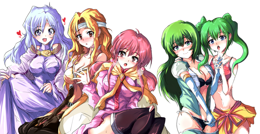 5girls bad_id bad_pixiv_id bare_shoulders blonde_hair blush breasts brigid_(fire_emblem) deirdre_(fire_emblem) dress echizen_(hvcv) erinys_(fire_emblem) ethlyn_(fire_emblem) female_focus fire_emblem fire_emblem:_genealogy_of_the_holy_war green_hair harem headband long_hair long_sleeves looking_at_viewer matching_hair/eyes midriff multiple_girls nintendo open_mouth pink_eyes pink_hair purple_dress purple_hair silvia_(fire_emblem) smile thighhighs underwear