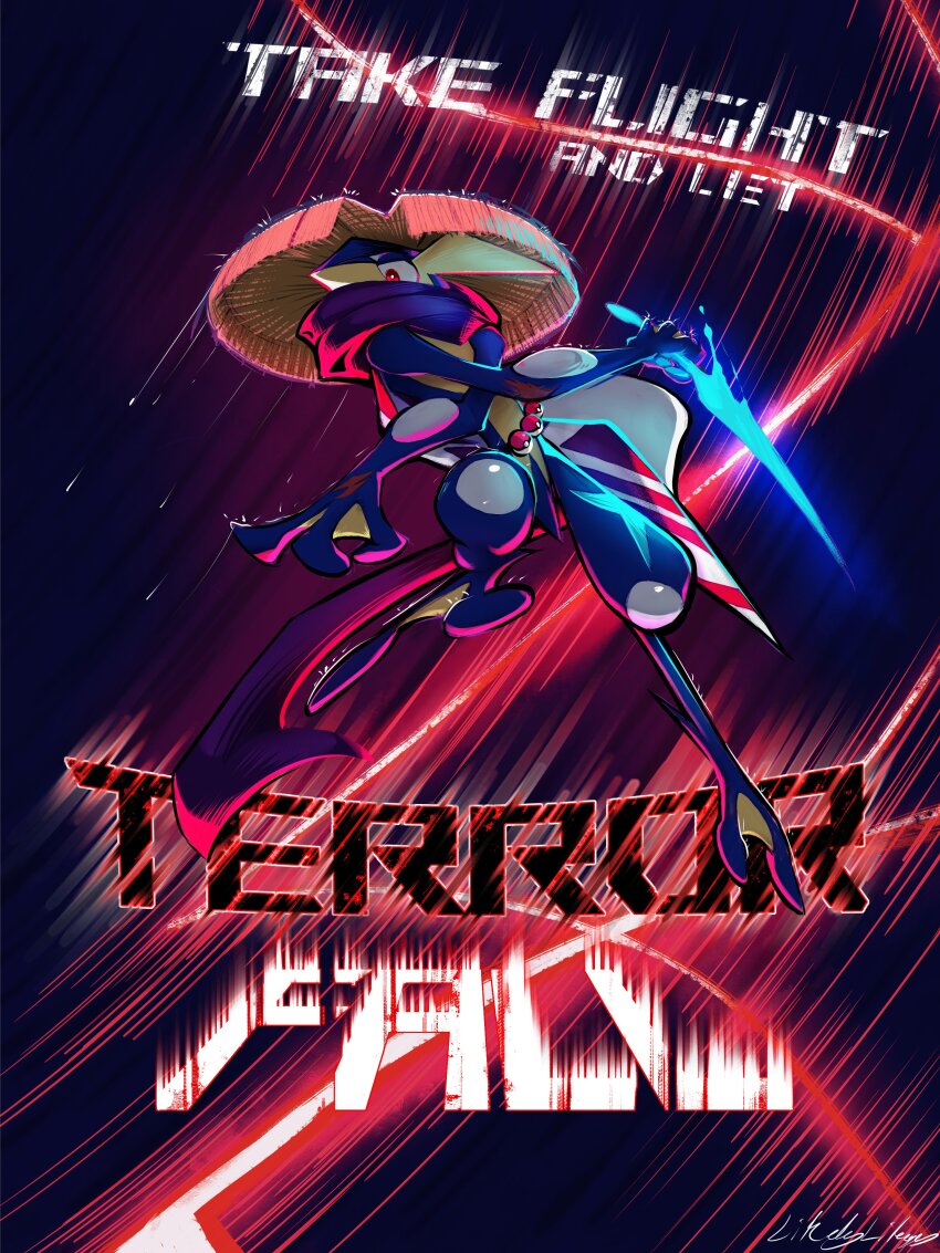 absurdres bright_pupils commentary commission crossed_arms full_body gen_6_pokemon greninja hat highres holding likey looking_down nintendo poke_ball poke_ball_(basic) pokemon pokemon_(creature) pokemon_focus rain red_eyes scarf signature solo straw_hat water_drop white_pupils