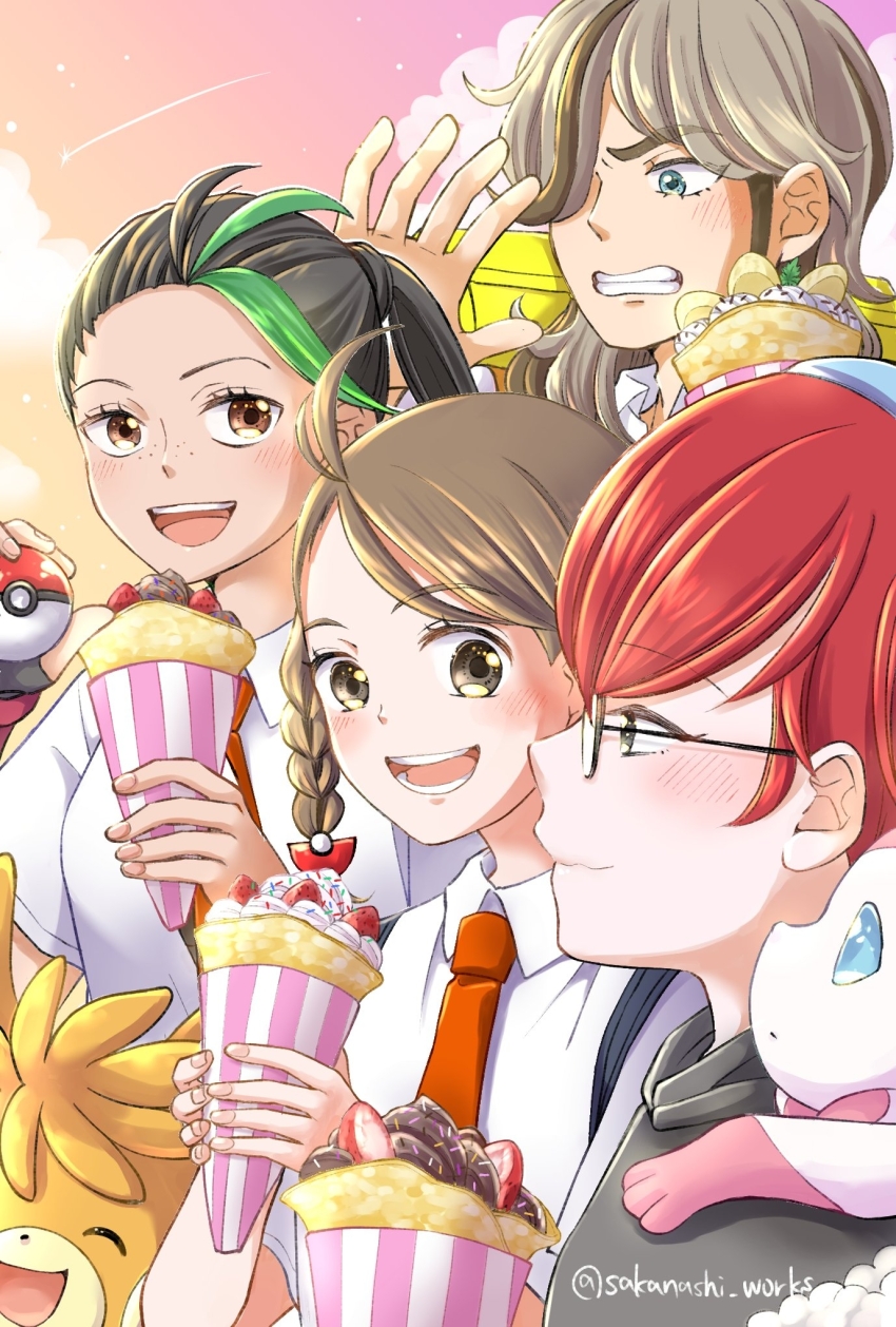 1boy 3girls :d ahoge arven_(pokemon) blush braid brown_eyes brown_hair clenched_teeth closed_mouth cloud collared_shirt commentary_request crepe eyelashes food gen_6_pokemon glasses green_hair highres holding hood hoodie juliana_(pokemon) multicolored_hair multiple_girls necktie nemona_(pokemon) nintendo on_shoulder open_mouth orange_necktie outdoors pawmot penny_(pokemon) pokemon pokemon_(creature) pokemon_on_shoulder pokemon_sv ponytail red_hair sakanashiworks shirt sky smile sylveon teeth tongue two-tone_hair white_shirt