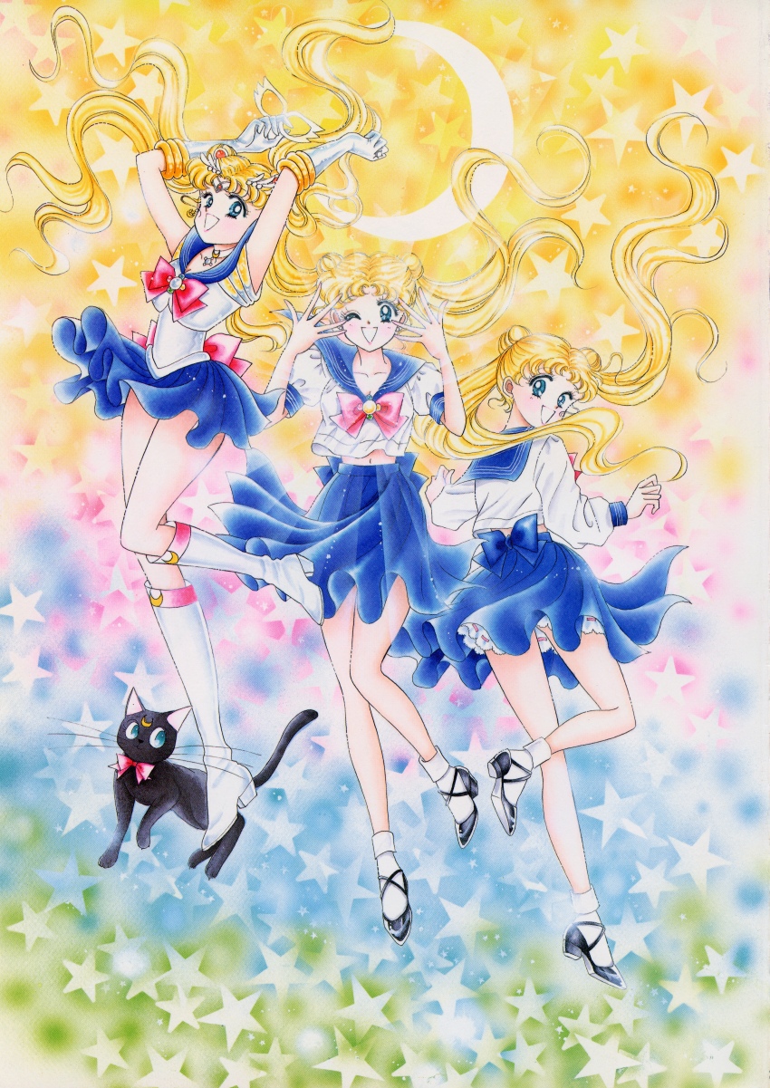 :d ;d absurdres animal bishoujo_senshi_sailor_moon black_cat black_shoes blue_eyes blue_sailor_collar blue_skirt boots cat crescent crescent_choker crescent_earrings crescent_facial_mark dual_persona earrings facial_mark forehead_mark full_body gloves hand_up highres incredibly_absurdres jewelry knee_boots looking_at_viewer looking_back luna_(sailor_moon) magical_girl mask one_eye_closed open_mouth red_ribbon ribbon sailor sailor_collar sailor_moon shoes skirt smile socks tsukino_usagi unworn_mask white_boots white_gloves white_mask white_socks