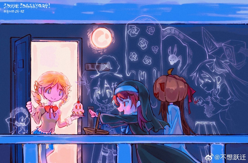 3girls ^_^ akemi_homura anthony_(madoka_magica) apartment basket black_dress black_hair black_pantyhose black_skirt black_sleeves black_veil blonde_hair bow bowtie brown_shirt brown_sleeves buxiang_yueqian charlotte_(madoka_magica) chinese_commentary clenched_hand closed_eyes closed_mouth coif collared_shirt commentary_request dessert dress drill_hair fang feet_out_of_frame food food_request gertrud_(madoka_magica) h.n.elly_(kirsten) hair_ornament hairpin halloween halloween_costume hat hat_ribbon high-cut_armor_(persona) highres holding holding_basket holding_plate jack-o&#039;-lantern_head juliet_sleeves kaname_madoka lace-trimmed_sleeves lace_trim long_dress long_hair long_sleeves mahou_shoujo_madoka_magica mahou_shoujo_madoka_magica_(anime) medium_hair miki_sayaka miki_sayaka_(magical_girl) miniskirt mitakihara_school_uniform multiple_girls night nun open_door open_mouth pantyhose plate pleated_skirt puffy_sleeves red_bow red_bowtie red_eyes red_hair red_ribbon ribbon sakura_kyoko school_uniform shirt skirt smile straight_hair tomoe_mami traditional_nun twin_drills two_side_up ultimate_madoka v-shaped_eyebrows veil watermark weibo_watermark white_dress white_sleeves white_undershirt wide_sleeves witch_(madoka_magica) yellow_eyes