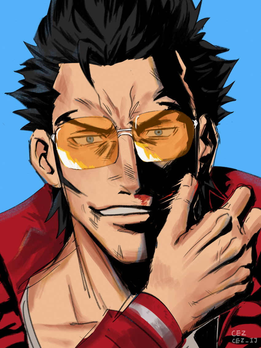 1boy artist_name black_hair blood blood_on_face blue_background blue_eyes bruise bruise_on_face cez grin hand_up high_collar highres injury jacket long_sleeves looking_at_viewer male_focus no_more_heroes orange-tinted_eyewear portrait red_jacket short_hair smile spiked_hair sunglasses teeth tinted_eyewear travis_touchdown v-shaped_eyebrows