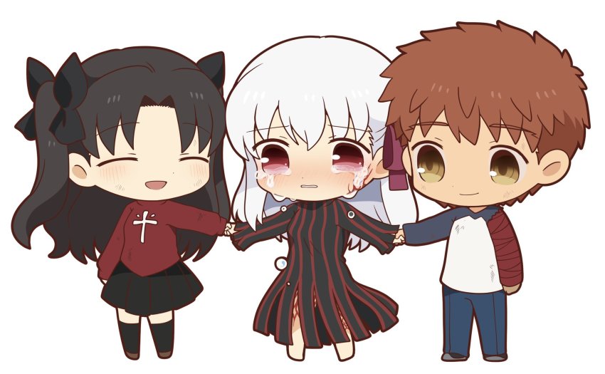 1boy 2girls black_hair blue_pants blush crying crying_with_eyes_open dark_sakura emiya_shirou closed_eyes fate/stay_night fate_(series) hair_ribbon heaven&#039;s_feel highres holding_hands matou_sakura multiple_girls orange_hair pants raglan_sleeves red_eyes ribbon simple_background skirt smile teardrop tears thighhighs tohsaka_rin tsubuta_hiro white_background white_hair yellow_eyes
