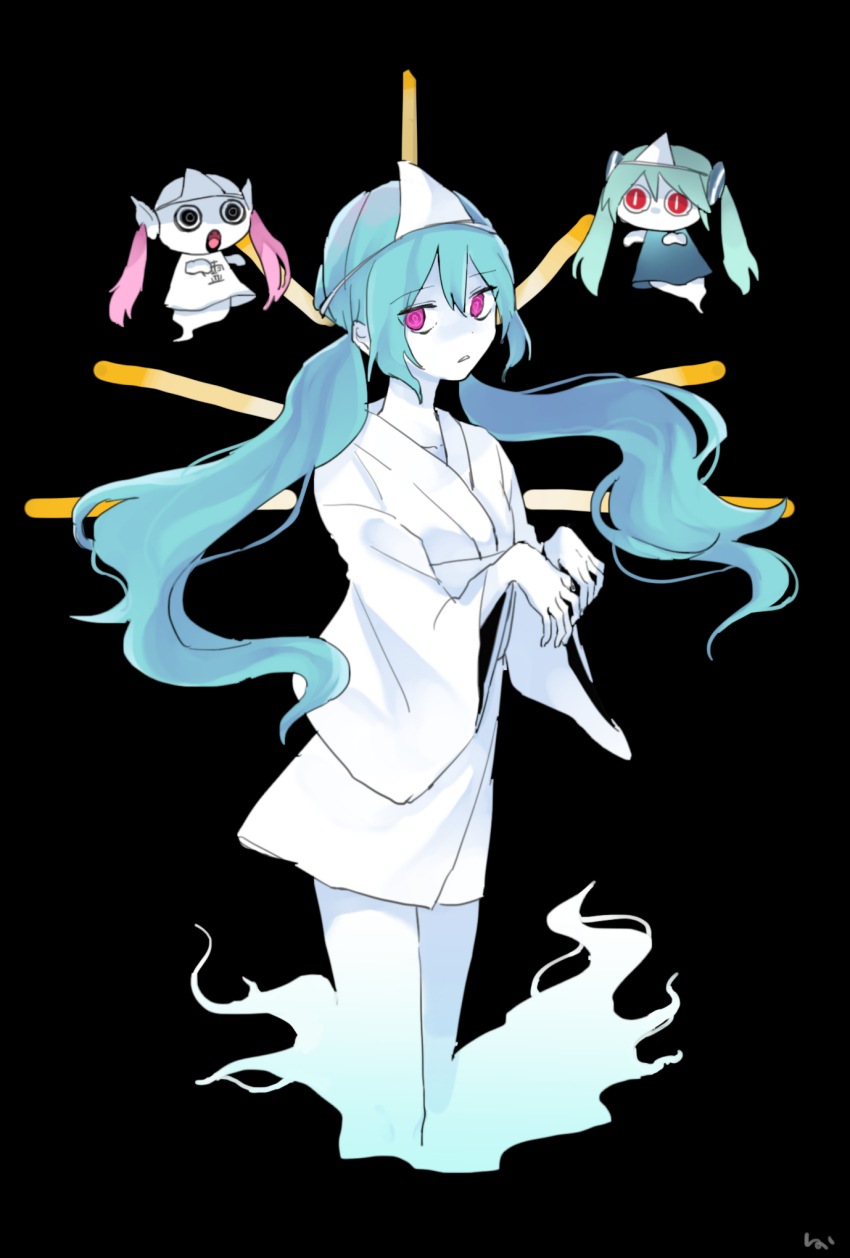 3girls adgjmtw0 aimaina aqua_hair colored_skin doushite-chan ghost hatsune_miku highres japanese_clothes kimono long_hair looking_at_viewer low_twintails multiple_girls obake_no_ukenerai_(vocaloid) obi pink_eyes sash shiroshouzoku solo triangular_headpiece twintails very_long_hair vocaloid
