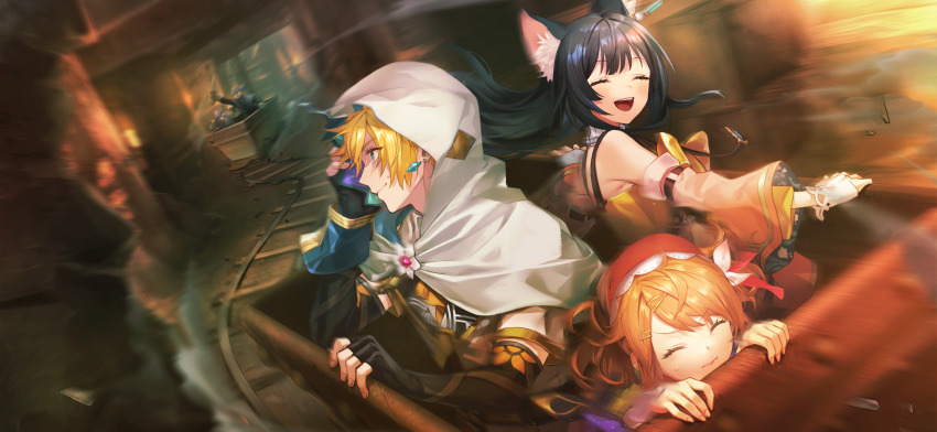 2girls 3boys :d ^_^ absurdres animal_ear_fluff animal_ears atelier_(series) atelier_resleriana black_gloves black_hair blonde_hair blue_eyes cat_ears cat_girl closed_eyes closed_mouth detached_sleeves earrings game_cg gloves hair_between_eyes highres hood hood_up izana_kokoschka jewelry long_hair long_sleeves looking_back mine_(place) minecart multiple_boys multiple_girls non-web_source official_art open_mouth people profile railroad_tracks resna_sternenlicht roman_kalman short_hair smile smoke