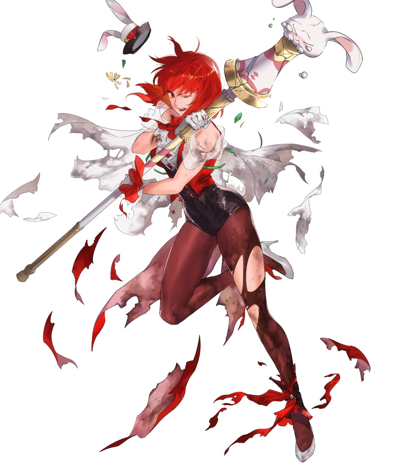 1girl breasts capelet female_focus fire_emblem fire_emblem:_mystery_of_the_emblem fire_emblem_heroes full_body gloves hat high_heels highres leotard matching_hair/eyes mayo_(becky2006) medium_breasts minerva_(fire_emblem) minerva_(spring)_(fire_emblem) mini_hat nintendo official_art one_eye_closed pantyhose polearm rabbit_tail red_eyes red_hair short_hair sleeveless smile solo tail torn_clothes torn_pantyhose transparent_background weapon white_footwear white_gloves wince