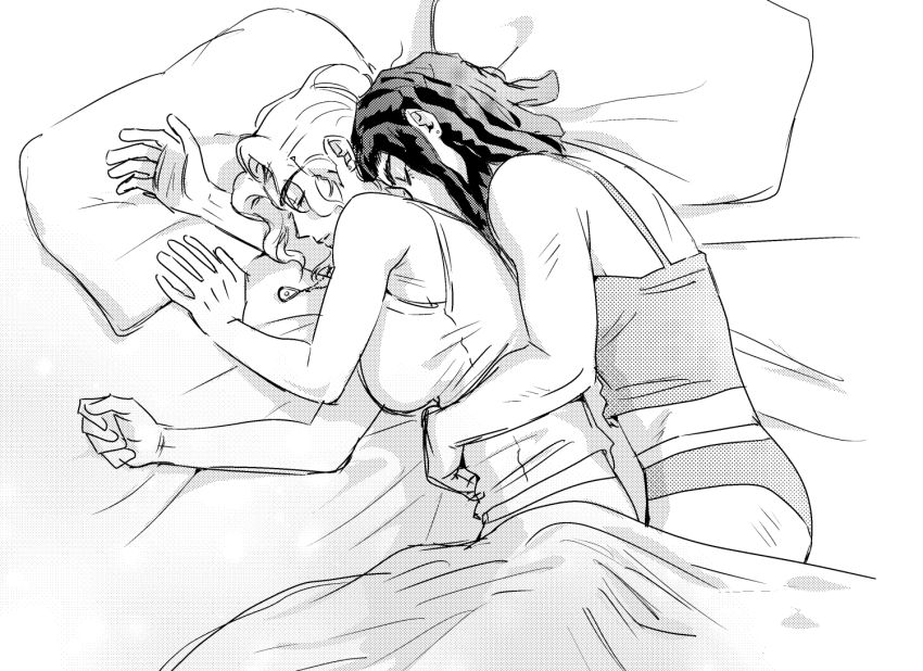 2girls blanket breasts camisole commentary_request dreadlocks ermes_costello hair_down hug hug_from_behind jeonjin_(mynamebazin) jojo_no_kimyou_na_bouken korean_commentary kuujou_jolyne lying medium_breasts monochrome multiple_girls on_side panties pillow screentones sleeping stone_ocean tank_top underwear underwear_only yuri