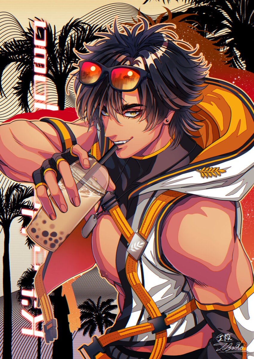 1boy brown_hair bubble_tea eyewear_on_head fingerless_gloves gloves highres indie_virtual_youtuber jacket jubako_(nest_of_boxes) kite_hasegawa male_focus muscular muscular_male open_clothes open_jacket smile yellow_eyes