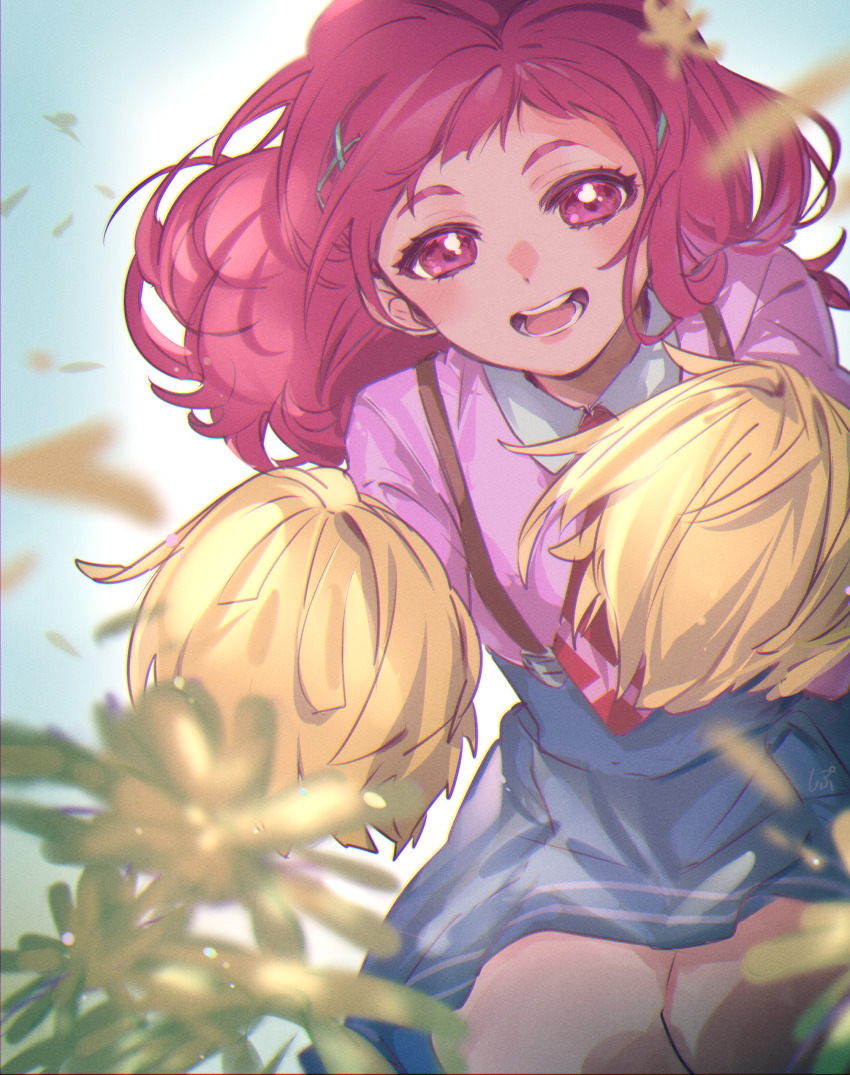 1girl absurdres blue_skirt blurry blurry_foreground flower hair_flower hair_ornament highres hugtto!_precure long_hair looking_at_viewer miniskirt neckerchief nono_hana open_mouth pink_shirt pom_pom_(cheerleading) precure red_eyes red_hair red_neckerchief shipu_(gassyumaron) shirt skirt solo suspender_skirt suspenders x_hair_ornament yellow_flower
