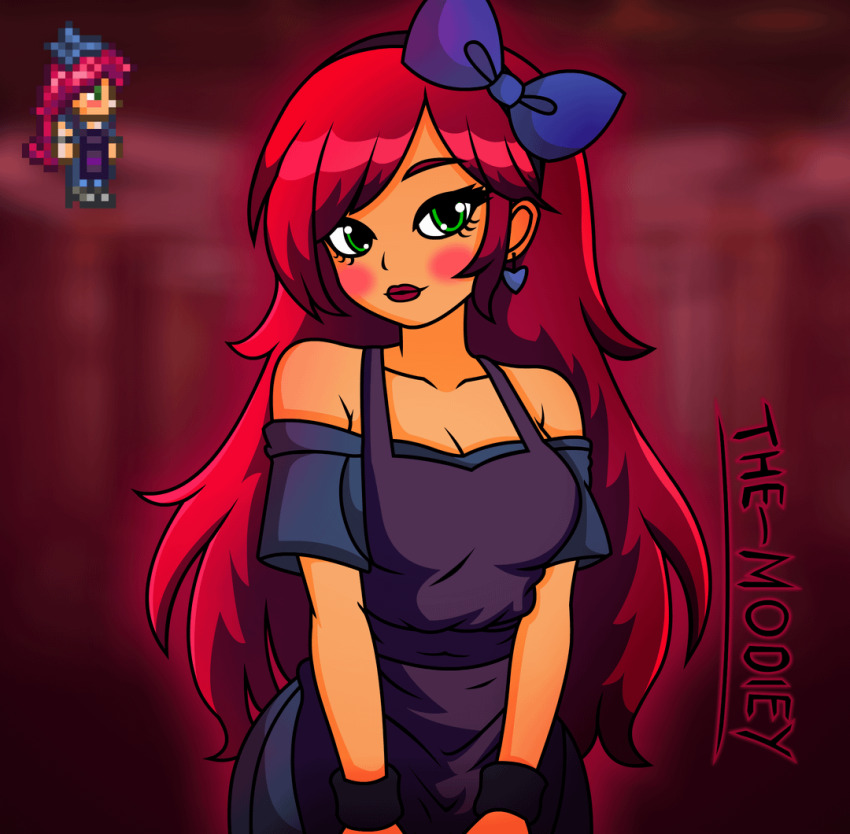 1girl apron artist_name blue_bow bow breasts earrings green_eyes grey_shirt grey_shoes hair_bow heart heart_earrings jewelry lipstick long_hair looking_at_viewer makeup medium_breasts modiey6 off_shoulder official_art_inset pink_hair purple_apron red_hair red_lips shirt shoes stylist_(terraria) terraria wristband