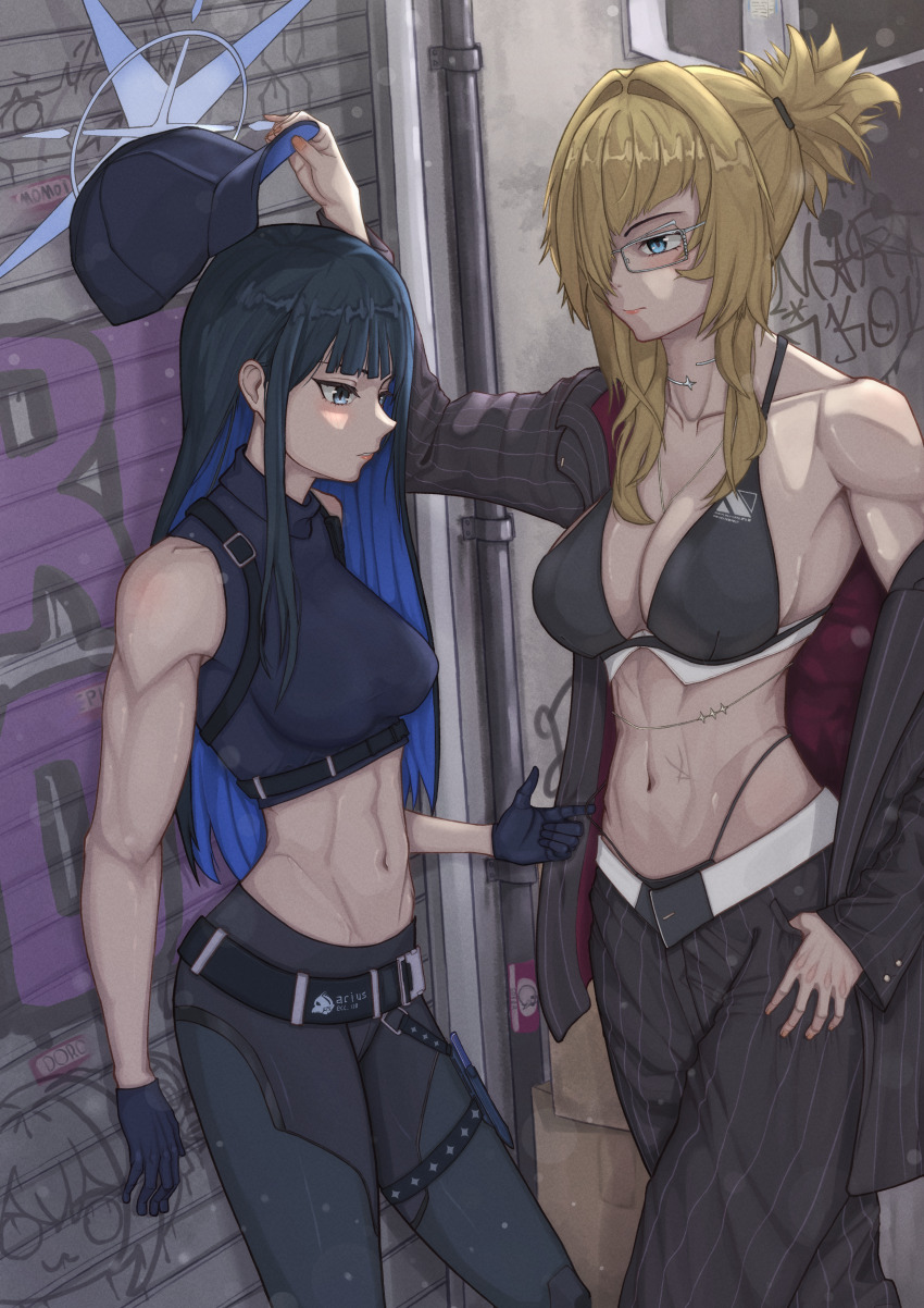 2girls abs absurdres air_conditioner alley artist_name bare_shoulders baseball_cap belt bikini bikini_bottom_pull black_belt black_bikini black_gloves black_hair black_jacket black_pants black_shirt blonde_hair blue_archive blue_eyes blue_hair blue_halo blunt_bangs breasts buckle chest_harness cleavage closed_mouth collar collarbone colored_inner_hair commentary cool_s crop_top crossover doro_(nikke) english_commentary formal_clothes glasses gloves goddess_of_victory:_nikke graffiti grave_(beautiful_you)_(nikke) grave_(nikke) groin hair_between_eyes hair_over_one_eye halo hand_in_pocket harness hat height_difference highleg highleg_bikini highres holding holding_unworn_clothes holding_unworn_hat industrial_pipe jacket knife knife_sheath large_breasts leaning_back long_hair long_sleeves looking_at_viewer martikol medium_breasts meme metal_collar midriff momoi_(blue_archive) multicolored_hair multiple_girls multiple_scars navel necklace_between_breasts no_mask off_shoulder official_alternate_costume pants pinstripe_jacket pinstripe_pants pinstripe_pattern pinstripe_suit ponytail pulling_another&#039;s_clothes racist_momoi_(meme) saori_(blue_archive) scar scar_on_stomach shadow sheath sheathed shirt short_ponytail sidelocks single_bare_shoulder sleeveless sleeveless_shirt snap-fit_buckle standing stomach suit swimsuit thigh_sheath toned toned_female underbust unworn_hat unworn_headwear