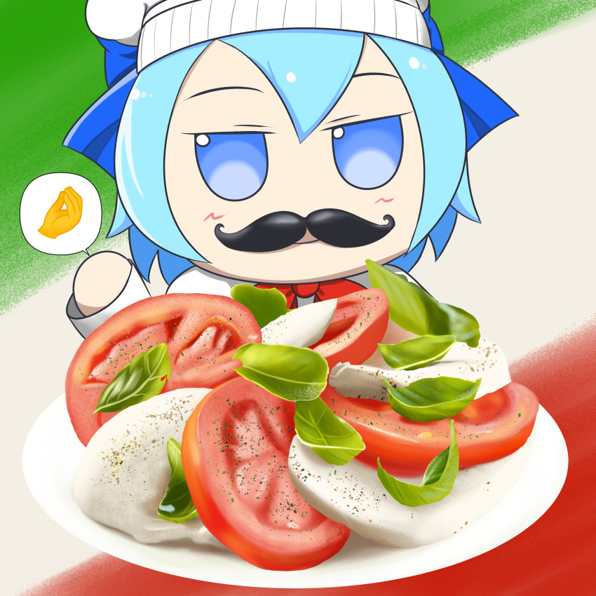 absurdres basil_leaf blue_bow blue_eyes blue_hair blush blush_stickers bow caprese_salad che_vuoi?_(italian_gesture) cheese chef chef_hat cirno destoroyar facial_hair fake_facial_hair fake_mustache food fumo_(doll) hat highres italian_flag mustache plate red_bow salad tomato touhou