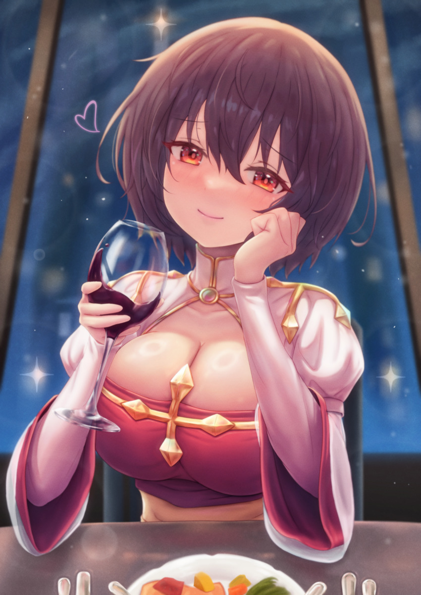 1girl absurdres alcohol arch_bishop_(ragnarok_online) blush breasts brown_hair cleavage cleavage_cutout closed_mouth clothing_cutout commentary_request commission cross cup dress drinking_glass hair_between_eyes hand_on_own_cheek hand_on_own_face heart highres juliet_sleeves large_breasts long_bangs long_sleeves looking_at_viewer meal night orange_eyes plate pov_across_table puffy_sleeves ragnarok_online restaurant short_hair skeb_commission smile solo sparkle two-tone_dress upper_body white_dress wine wine_glass zusshii_(libertasgenesis)