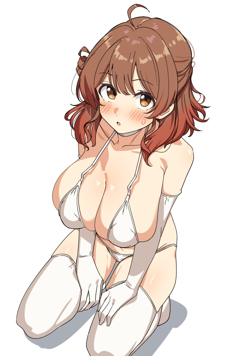 1girl absurdres bare_shoulders bikini blush breasts brown_eyes brown_hair choker cleavage collarbone elbow_gloves gakuen_idolmaster gloves hanami_ume highres idolmaster large_breasts looking_at_viewer navel open_mouth seihekiog short_hair solo swimsuit thighhighs thighs white_background white_bikini white_choker white_gloves white_thighhighs