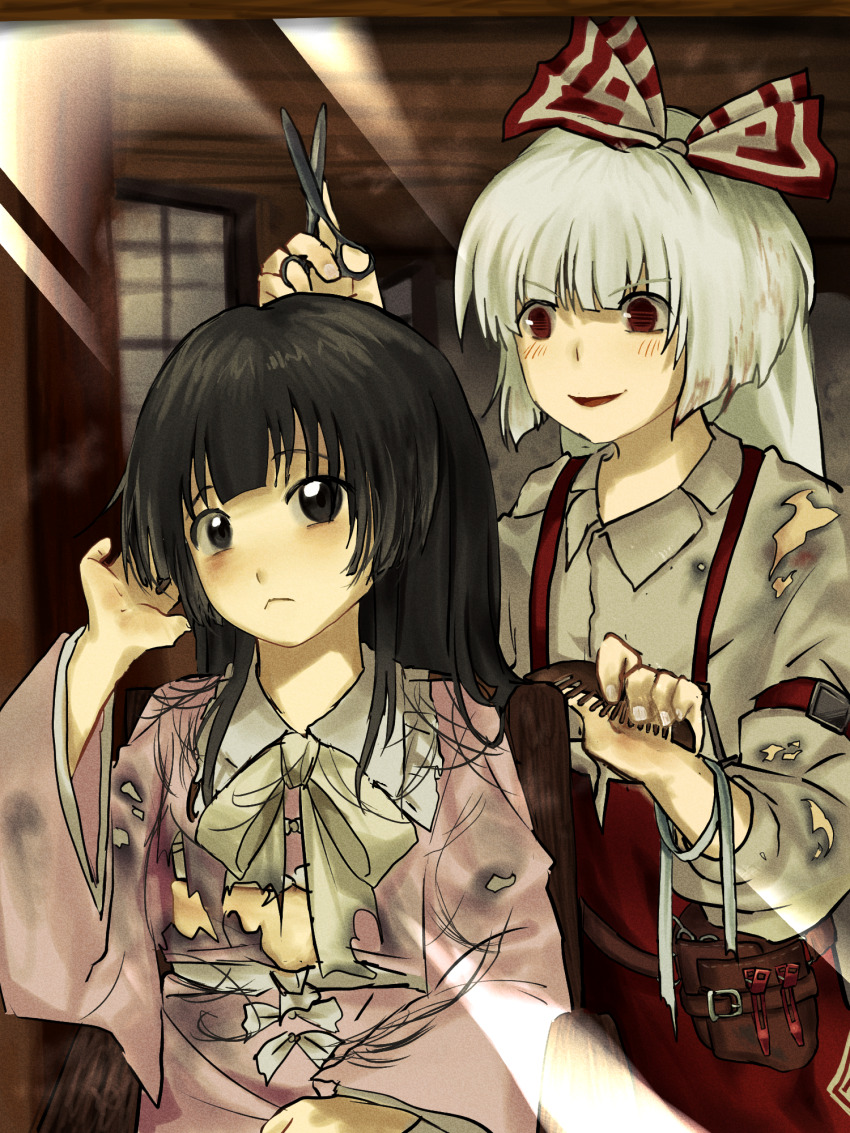 2girls :&lt; arm_up bags_under_eyes black_eyes black_hair bow closed_mouth collared_shirt comb cutting_another&#039;s_hair cutting_hair dirty dirty_clothes from_behind fujiwara_no_mokou hair_bow hand_in_own_hair highres hime_cut holding holding_comb holding_scissors houraisan_kaguya indoors light_blush light_rays long_hair long_sleeves messy_hair multiple_girls ofuda open_mouth pants pink_shirt red_eyes red_pants ribbon scissors severed_hair shirt smile smug sunbeam sunlight suspenders tools torn_clothes touhou v-shaped_eyebrows white_hair wide_sleeves yukine_0930