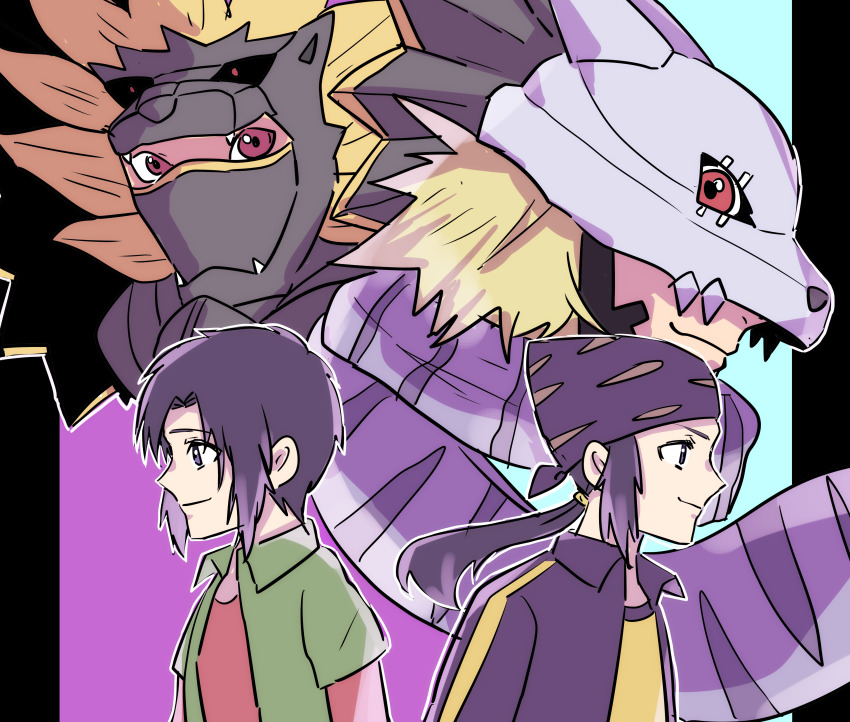2boys absurdres armor bandana digimon digimon_frontier gotm_tknr highres jacket kimura_kouichi louwemon minamoto_kouji multiple_boys red_eyes scarf smile wolfmon
