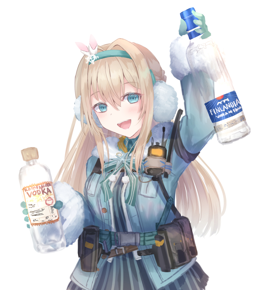 1girl :d absurdres alcohol belt_pouch blonde_hair blue_dress blue_eyes blue_gloves blue_hairband blue_jacket bottle commentary dress earmuffs fur-trimmed_sleeves fur_collar fur_trim girls&#039;_frontline girls&#039;_frontline_2:_exilium gloves hairband highres holding holding_bottle jacket long_hair long_sleeves looking_at_viewer martinreaction open_mouth pouch simple_background smile solo suomi_(girls&#039;_frontline) suomi_(girls&#039;_frontline_2) symbol-only_commentary upper_body vodka white_background
