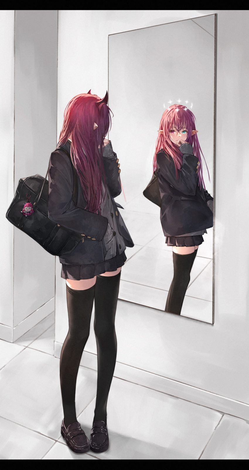1girl absurdres alternate_costume bag black_jacket black_shoes black_skirt black_thighhighs blazer blue_eyes cardigan charm_(object) different_reflection floor full_body grey_cardigan halo hand_in_pocket hand_to_own_mouth hashtag-only_commentary heterochromia highres hololive hololive_english horns irys_(hololive) irys_(irys_2.0)_(hololive) jacket letterboxed loafers looking_at_mirror miniskirt mirror on_floor open_clothes open_jacket penny_loafers pleated_skirt pointy_ears red_eyes red_hair reflection serious shoes shoulder_bag skirt smol_irys solo standing star_halo thighhighs virtual_youtuber yu_pian