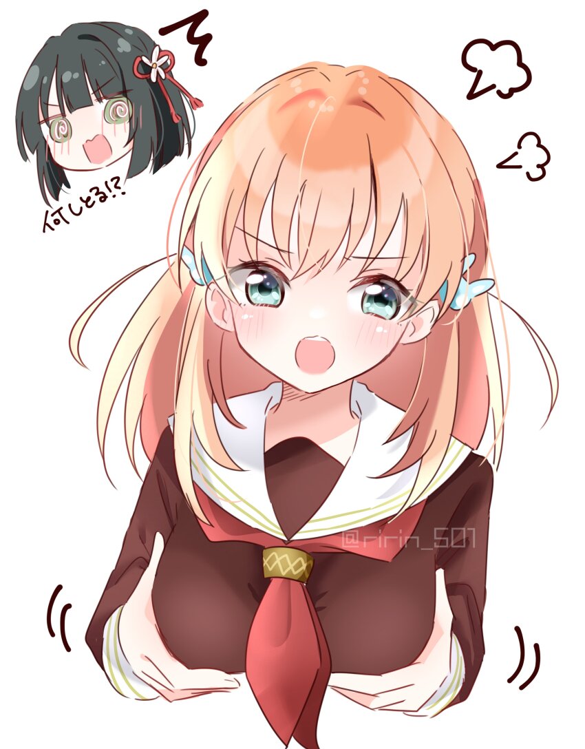 2girls :o @_@ ^^^ absurdres aqua_eyes black_hair blunt_bangs blunt_ends bob_cut breasts brown_dress commentary_request cropped_torso crossed_bangs dress flower flower_knot grabbing_own_breast green_eyes hair_flower hair_intakes hair_ornament hasu_no_sora_school_uniform highres hinoshita_kaho link!_like!_love_live! long_sleeves love_live! medium_breasts medium_hair meme momose_ginko multiple_girls neckerchief next_time_you&#039;re_getting_this_(meme) open_mouth orange_hair puff_of_air rabbit_hair_ornament red_neckerchief ririn_(ririn_501) sailor_collar sailor_dress school_uniform short_hair simple_background two_side_up v-shaped_eyebrows virtual_youtuber white_background white_sailor_collar winter_uniform yuri