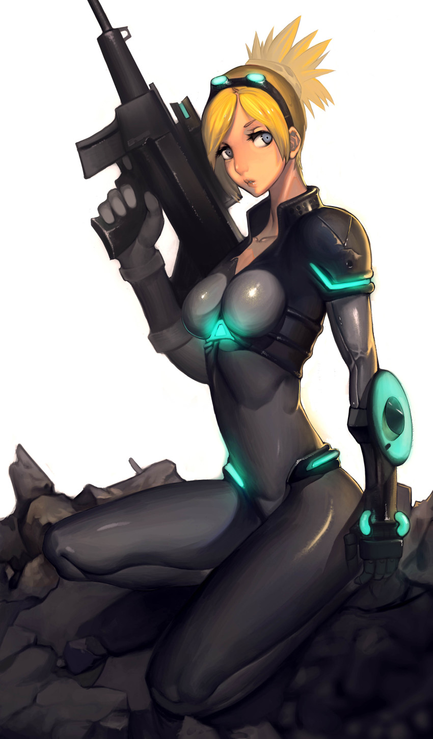 1girl absurdres armor blonde_hair blue_eyes bodysuit breasts female_focus full_body ghost_(starcraft) goggles goggles_on_head gun highres ice_(ice_factory) kneeling lips neon_trim nose nova_(starcraft) on_one_knee ponytail power_armor rifle simple_background skin_tight small_breasts solo starcraft weapon