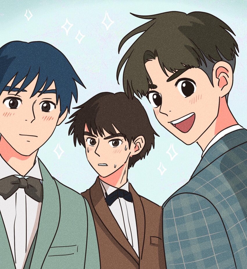3boys aged_up ashitaka blue_background blue_hair blush bow bowtie brown_hair brown_suit commentary_request formal_clothes gake_no_ue_no_ponyo highres karigurashi_no_arrietty looking_at_viewer looking_back male_focus mononoke_hime multiple_boys rikaco1988 shirt shou_(karigurashi_no_arrietty) smile sousuke_(ponyo) sparkle studio_ghibli suit sweatdrop undercut white_shirt