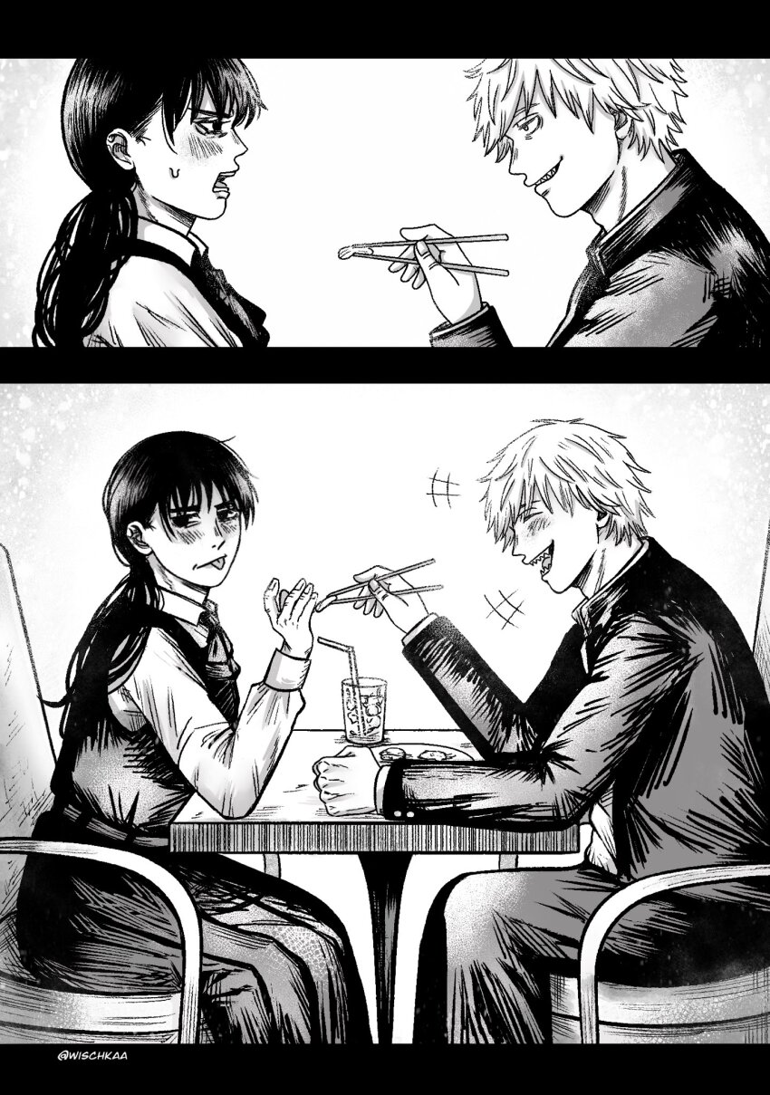 1boy 1girl blush chainsaw_man chair chopsticks collared_shirt commentary cup denji_(chainsaw_man) dress drink drinking_glass drinking_straw english_commentary food fourth_east_high_school_uniform gakuran greyscale highres holding holding_chopsticks long_hair low_twintails mitaka_asa monochrome on_chair pants pinafore_dress plate school_uniform shirt short_hair sitting sleeveless sleeveless_dress sweat table tongue tongue_out twintails wischkaa