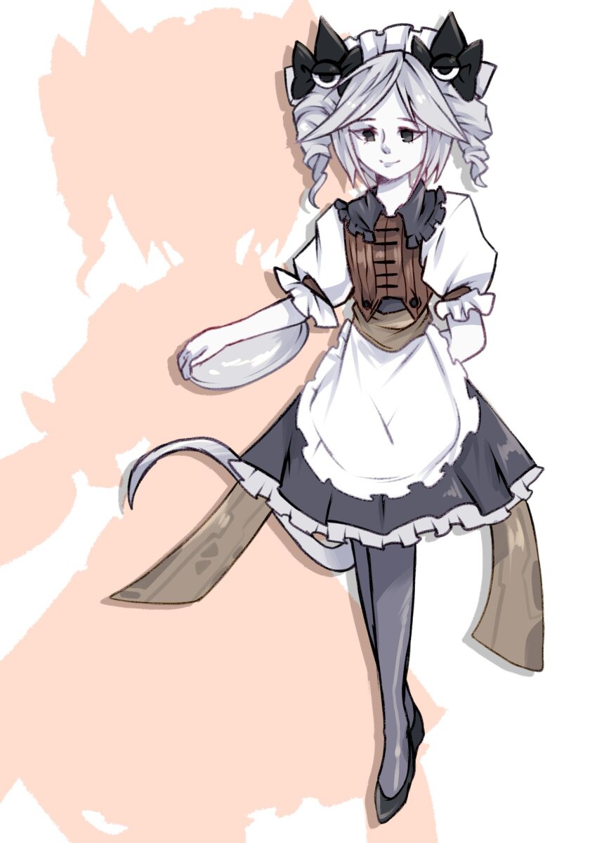 1other adapted_costume alternate_costume androgynous apron arm_behind_back bad_id bad_twitter_id black_bow black_dress black_eyes black_shoes bow brown_sash brown_vest closed_mouth collared_dress colored_skin commentary crossed_ankles dress drill_hair english_commentary enmaided eye_hair_ornament eye_of_senri frilled_apron frilled_dress frilled_sleeves frills full_body grey_hair grey_pantyhose hair_bow highres holding holding_tray len&#039;en long_hair looking_at_viewer luo_qiangwei maid maid_headdress medium_dress other_focus pantyhose pinafore_dress pleated_dress puffy_short_sleeves puffy_sleeves sash shoes short_sleeves short_twintails silhouette sleeveless sleeveless_dress smile solo tray twin_drills twintails vest waist_apron waist_sash white_apron white_background white_skin zelo_(len&#039;en) zoom_layer