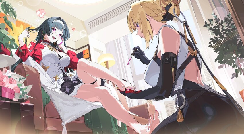 2girls applying_pedicure astra_yao bare_legs barefoot black_gloves black_hair black_pants blonde_hair braid braided_bun breasts commentary couch dress evelyn_chevalier feet gloves hair_bun hairband happy heart highres holding holding_another&#039;s_foot holding_phone indoors jacket lamp large_breasts legs multiple_girls nail_polish on_couch open_mouth painting_nails painting_toenails pants phone purple_eyes red_eyes red_jacket shirt sitting spoken_heart toenail_polish toenails toes twirling_hair uoongpig white_dress white_hairband white_shirt zenless_zone_zero