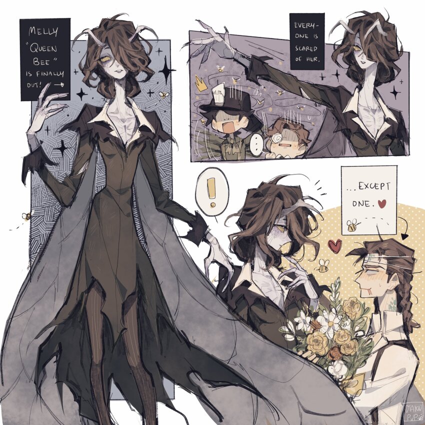 ! ... 1girl 3boys :p antennae arthropod_girl bee blank_eyes bouquet braid breasts brown_hair brown_pants bug character_name claws coat colored_skin couple eyepatch faceless faceless_male feet_out_of_frame flower forked_tongue green_coat green_shirt grey_skin hair_over_one_eye hand_on_own_chin heart hetero highres holding holding_bouquet identity_v insect looking_at_another luchino_diruse medium_hair monocle multiple_boys norton_campbell orpheus_(identity_v) otakupup pants queen_bee_(identity_v) scales shirt skinny small_breasts solid_eyes spoken_ellipsis spoken_exclamation_mark striped_blush striped_clothes striped_pants suspenders sweat tongue tongue_out torn_clothes torn_coat unworn_eyepatch upper_body wavy_hair white_shirt yellow_eyes