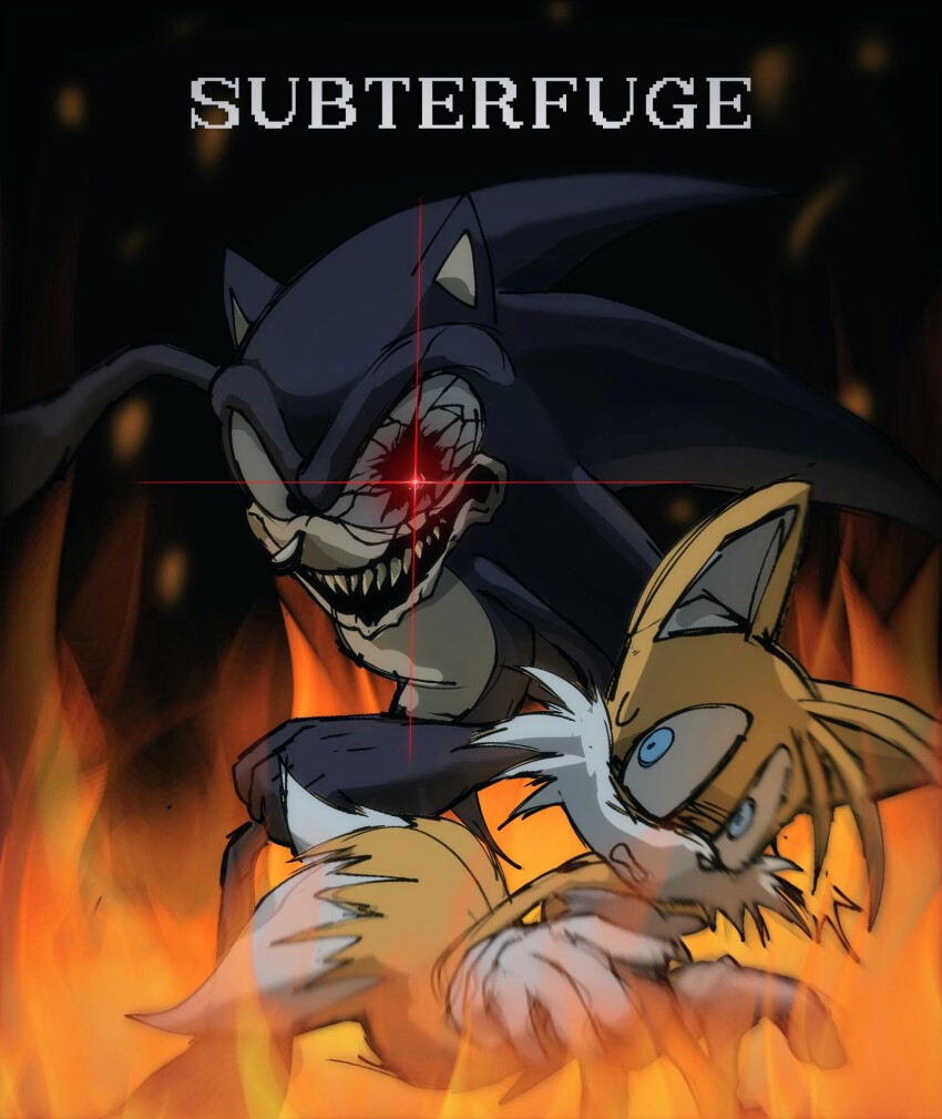 2017x_(sonic.exe) 2boys black_eyes blue_eyes colored_teeth demoni_(artist) english_text fire gloves highres imminent_attack looking_down looking_up multiple_boys multiple_tails nude open_mouth panic red_eyes sharp_teeth smile sonic.exe sonic.exe_(character) sonic_(series) sonic_the_hedgehog tail tails_(sonic) teeth transformation two_tails white_gloves yellow_teeth