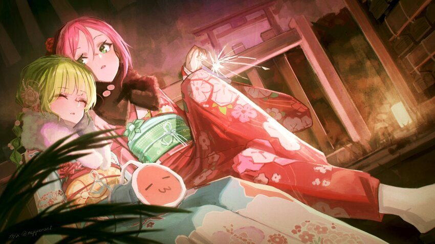 2girls alternate_costume aqua_kimono closed_eyes commentary english_commentary feet_out_of_frame fireworks floral_print floral_print_kimono green_eyes green_hair green_sash hair_between_eyes highres holding holding_fireworks japanese_clothes kimono leaning_on_person looking_to_the_side mocha_(osu!) multiple_girls nepperoni obi osu! parted_bangs parted_lips pink_hair pink_kimono pippi_(osu!) print_kimono ribbon sash sitting sparkler torii white_ribbon yellow_sash