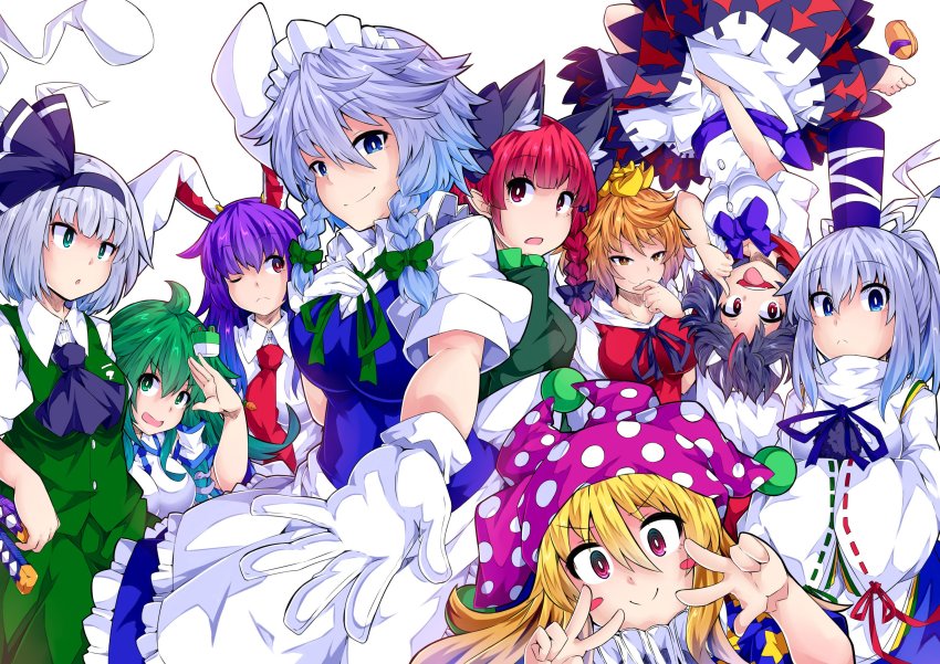 6+girls animal_ears apron arrow_(symbol) ascot black_bow black_ribbon blue_ribbon blush blush_stickers bow braid breasts cat_ears clownpiece cone_horns double_v dress frog_hair_ornament gloves green_bow green_ribbon grey_horns hair_bow hair_ornament hair_ribbon hair_tubes hairband hat highres horns ishimu izayoi_sakuya japanese_clothes jester_cap kaenbyou_rin kijin_seija kochiya_sanae konpaku_youmu konpaku_youmu_(ghost) long_sleeves looking_at_viewer maid_headdress medium_breasts miko mononobe_no_futo multiple_girls neck_ribbon necktie puffy_short_sleeves puffy_sleeves rabbit_ears red_necktie reisen_udongein_inaba ribbon ribbon-trimmed_sleeves ribbon_trim short_sleeves skirt skirt_set smile snake_hair_ornament stage_connection tate_eboshi toramaru_shou touhou twin_braids v waist_apron white_gloves wide_sleeves