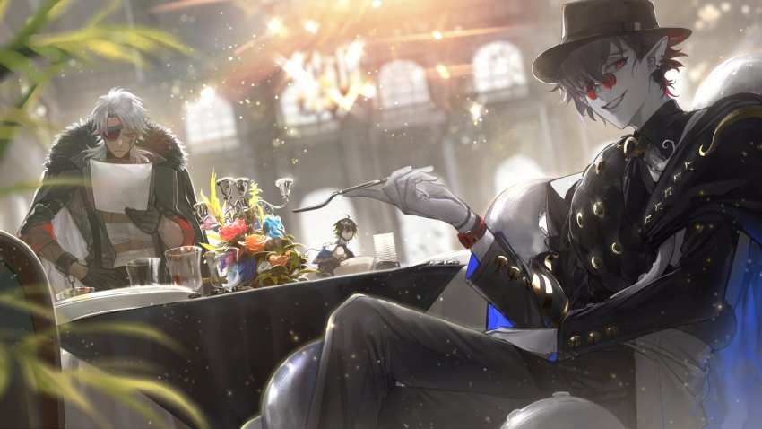 3boys alchemy_stars au_(d_elete) black_coat black_gloves black_headwear black_pants black_shirt blue_hair blurry blurry_background blurry_foreground candlestand chair chandelier choker coat coat_on_shoulders colored_tips commentary_request crossed_legs cuffs cup dark-skinned_male dark_skin diffraction_spikes ear_piercing eyepatch fedora flower fork fur-trimmed_coat fur_trim glasses gloves grey_hair grin hand_on_own_hip hat highres holding holding_fork holding_paper hydrad_(alchemy_stars) indoors kleken_(alchemy_stars) long_hair looking_at_viewer male_focus multicolored_hair multiple_boys official_art open_clothes open_shirt pants paper piercing pince-nez plant plate pointy_ears red-tinted_eyewear red_eyes rose round_eyewear scar scar_across_eye scar_on_face shackles shirt short_hair sitting sleeves_pushed_up sleeves_rolled_up smile standing suspenders table taki_(alchemy_stars) teeth tinted_eyewear watch window wristwatch