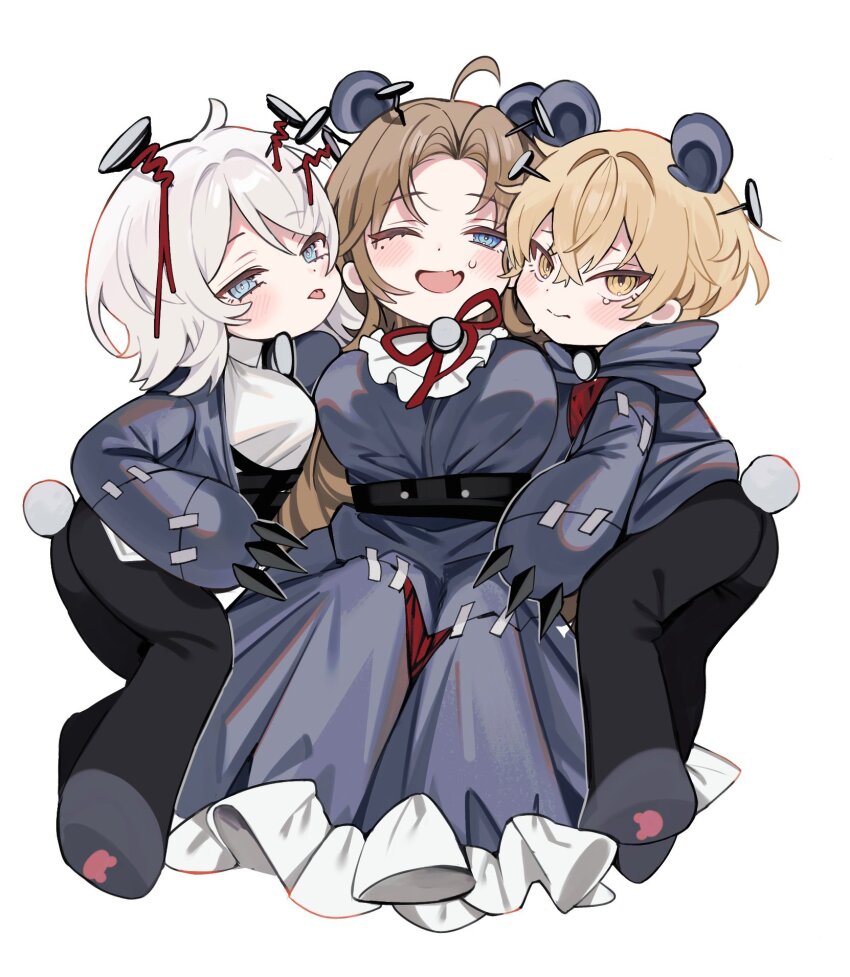 1boy 2girls animal_ears bear_ears bear_paws bear_tail black_pants blonde_hair blue_eyes blush brown_hair claws coat commentary dress e.g.o_(project_moon) fang faust_(project_moon) grey_coat grey_dress grey_hoodie hex_nail_(e.g.o) highres hood hoodie limbus_company mole mole_under_eye mu46016419 multiple_girls nail_(hardware) neck_ribbon one_eye_closed pants project_moon ribbon rodion_(project_moon) shirt simple_background sinclair_(project_moon) skin_fang stitches string sweatdrop symbol-only_commentary tail tearing_up tongue tongue_out white_background white_hair white_shirt yellow_eyes