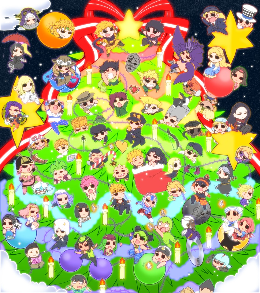 6+boys 6+girls battle_tendency blackmore bow bruno_bucciarati caesar_anthonio_zeppeli candle chibi christmas_tree cream_(stand) dark-skinned_male dark_skin diamond_wa_kudakenai diego_brando dio_brando dog donatello_versus double_bun emporio_alnino enrico_pucci erina_pendleton ermes_costello everyone foo_fighters_(jojo) formaggio funny_valentine gelato_(jojo) ghiaccio giorno_giovanna guido_mista gyro_zeppeli hair_bun hermit_purple higashikata_joshu higashikata_josuke higashikata_josuke_(jojolion) highres hirose_koichi hirose_yasuho hot_pants_(sbr) iggy_(jojo) illuso jean_pierre_polnareff johnny_joestar jojo_no_kimyou_na_bouken jojolion jonathan_joestar joseph_joestar joseph_joestar_(old) joseph_joestar_(young) kakyoin_noriaki kappasuka kars_(jojo) kira_yoshikage kishibe_rohan kuujou_jolyne kuujou_joutarou lisa_lisa melone mohammed_avdol multicolored_hair multiple_boys multiple_girls narancia_ghirga narciso_anasui nijimura&#039;s_father nijimura_keicho nijimura_okuyasu otoishi_akira pannacotta_fugo perla_pucci pesci phantom_blood pompadour prosciutto red_stone_of_aja rikiel risotto_nero robert_e._o._speedwagon rudolph_von_stroheim scary_monsters_(stand) sex_pistols_(stand) sorbet_(jojo) stand_(jojo) star_(symbol) stardust_crusaders steel_ball_run stone_mask_(jojo) stone_ocean sugimoto_reimi suzi_q trish_una two-tone_hair ungaro vanilla_ice vento_aureo wamuu weather_report white_album_(stand) yamagishi_yukako yangu_shigekiyo