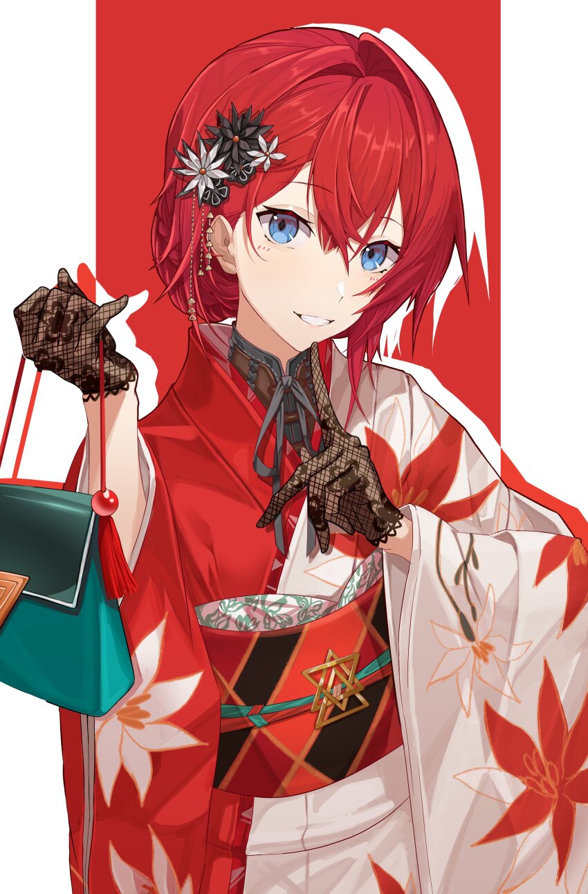 1girl absurdres ange_katrina ange_katrina_(new_year) aqua_bag bag black_flower black_gloves black_sash blue_eyes bun_with_braided_base commentary_request cowboy_shot crossed_bangs drop_shadow finger_to_own_chin flat_chest floral_print floral_print_gloves floral_print_kimono flower furisode gloves grin hair_behind_ear hair_between_eyes hair_flower hair_intakes hair_ornament handbag hands_up highres holding holding_bag ikvugzu5zu51627 index_finger_raised japanese_clothes kanzashi kimono lace lace_gloves long_bangs long_sleeves looking_at_viewer multicolored_sash nijisanji obi obiage obijime orange_sash print_kimono red_background red_hair red_kimono red_sash sash smile solo three_quarter_view tsumami_kanzashi two-tone_background virtual_youtuber white_background white_flower white_kimono