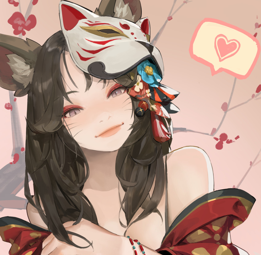 1girl absurdres animal_ear_fluff animal_ears bare_shoulders black_hair blue_flower bracelet branch closed_mouth commentary dated_commentary english_commentary facial_mark flower fox_ears fox_girl fox_mask hair_flower hair_ornament heart highres japanese_clothes jewelry jung_wonjo kimono lips long_hair looking_at_viewer mask original pink_background pink_eyes portrait red_flower red_kimono slit_pupils smile solo whisker_markings