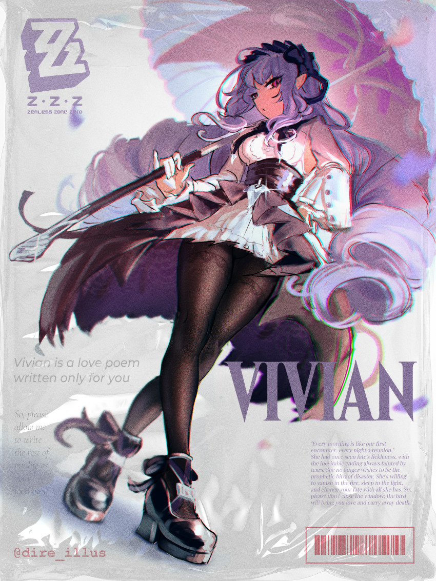 1girl absurdres barcode bow bowtie breast_curtains brown_pantyhose center_frills character_name closed_mouth commentary copyright_logo copyright_name dire_illus drill_hair english_commentary english_text footwear_ribbon frills hairband highres holding holding_umbrella logo long_hair pantyhose patterned_legwear pointy_ears purple_bow purple_bowtie purple_hair purple_hairband purple_umbrella red_eyes shiny_clothes shrug_(clothing) sideboob_cutout sideways_glance solo sparkle twitter_username umbrella vivian_banshee white_background white_shrug zenless_zone_zero