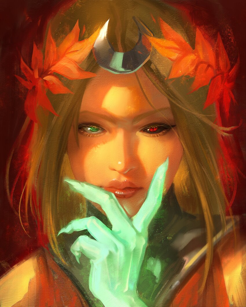 1girl absurdres ancient_greek_clothes black_sclera blonde_hair bone caio_santos colored_sclera dress glowing_arm greco-roman_clothes green_eyes hades_(series) hades_2 highres laurel_crown melinoe_(hades) mismatched_sclera orange_dress see-through_body short_hair skeletal_arm smile solo