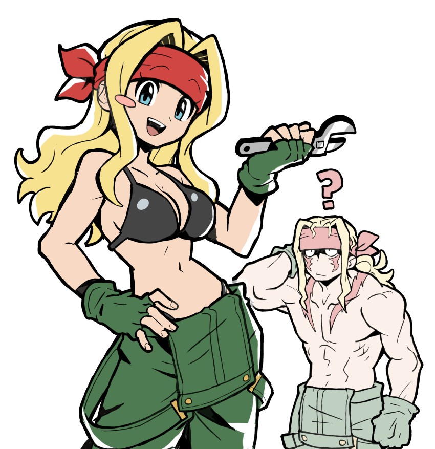 1boy 1girl :d ? abs absurdres alex_(street_fighter) bandana bikini bikini_top_only black_bikini blonde_hair blue_eyes blush_stickers breasts capcom_fighting_jam cleavage fingerless_gloves genderswap genderswap_(mtf) gloves green_gloves hairband hand_on_own_hip headband highres holding holding_wrench long_hair looking_at_viewer midnight_bliss muscular navel open_mouth overalls pants pectorals red_headband sach56000 screwdriver smile street_fighter street_fighter_iii_(series) swimsuit topless_male wrench