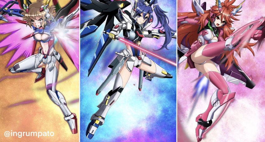 3girls ahoge amou_kanade armor armored_boots ass asymmetrical_dual_wielding beam_rifle blue_eyes blue_hair blue_leotard bodysuit boots breasts brown_eyes brown_hair cleavage cosplay crossed_bangs destiny_gundam destiny_gundam_(cosplay) double_blade dual_wielding energy_gun energy_sword fin_funnels funnels_(gundam) gloves gun gundam gundam_seed gundam_seed_destiny hair_between_eyes hair_ornament hairclip highres holding holding_gun holding_sword holding_weapon infinite_justice_gundam infinite_justice_gundam_(cosplay) kazanari_tsubasa kyomeihibiki large_breasts leotard long_hair looking_at_viewer mecha_danshi mecha_musume mechanical_wings medium_breasts metal_gloves multicolored_leotard multiple_girls multiple_weapons navel one_side_up open_hands orange_eyes pink_thighhighs power_armor purple_eyes red_eyes red_hair senki_zesshou_symphogear senki_zesshou_symphogear_xd_unlimited short_hair small_breasts space strike_freedom_gundam strike_freedom_gundam_(cosplay) sword tachibana_hibiki_(another)_(symphogear) tachibana_hibiki_(symphogear) thighhighs thighhighs_under_boots thrusters very_long_hair weapon wings yellow_gloves