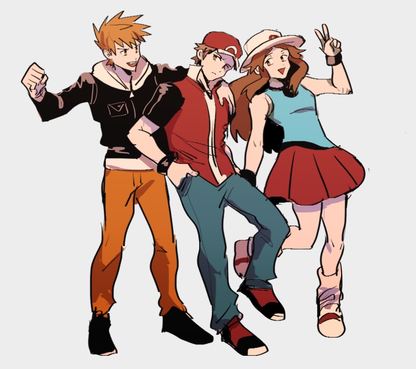 1girl 2boys arm_up bad_id bad_twitter_id baseball_cap blue_oak blue_oak_(pokemon_hgss) brown_eyes brown_hair denim grey_background hands_in_pockets hat jacket jeans kendy_(revolocities) leaf_(pokemon) looking_at_another multiple_boys nintendo orange_hair orange_pants pants pokemon pokemon_frlg pokemon_hgss red_(pokemon) red_(pokemon_frlg) shoes simple_background skirt smile sneakers spiked_hair sun_hat v