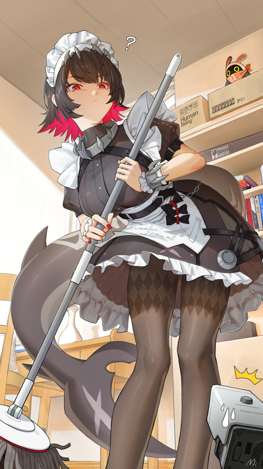 1girl ? absurdres bangboo_(zenless_zone_zero) black_dress black_hair black_pantyhose breasts broom colored_inner_hair dress ellen_joe eous_(zenless_zone_zero) fins fish_tail frilled_wristband hairband highres holding holding_broom large_breasts maid maid_headdress metal_hairband mi_(630956686) multicolored_hair pantyhose razor_blade_hair_ornament red_eyes red_nails scar scar_on_tail shark_girl shark_tail spiked_headband tail zenless_zone_zero