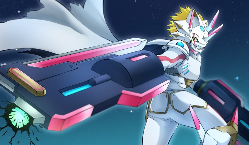 absurdres arm_cannon armor blonde_hair cape cowboy_shot digimon digimon_(creature) digimon_ghost_game dragon from_behind highres horns houei4 siriusmon solo spiked_hair weapon white_armor white_cape