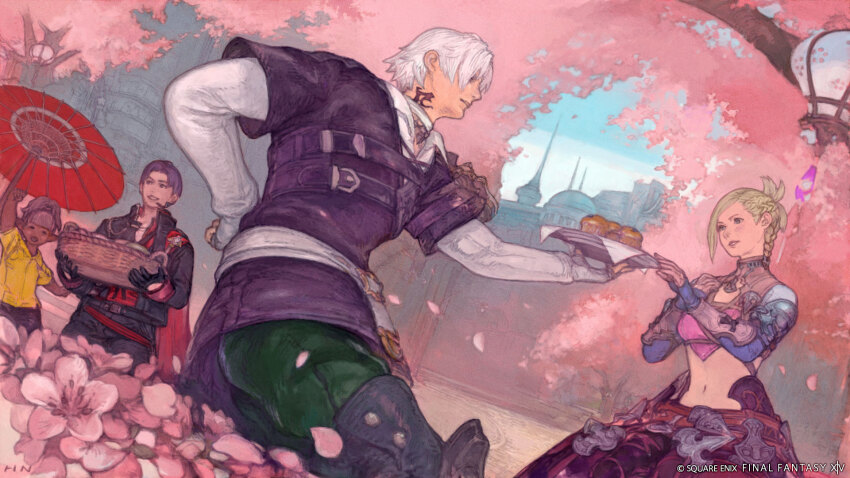 1girl 3boys archon_mark arm_behind_back basket black_jacket blonde_hair braid cherry_blossoms company_name copyright_name day dutch_angle falling_petals final_fantasy final_fantasy_xiv fingerless_gloves giving_food gloves green_pants hand_on_own_chest highres holding holding_basket holding_plate hyur jacket looking_at_another minfilia_warde multiple_boys nagamine_hiroyuki navel neck_tattoo official_art oil-paper_umbrella outdoors pants parted_lips petals plate short_hair signature standing tattoo thancred_waters tree umbrella white_gloves white_hair
