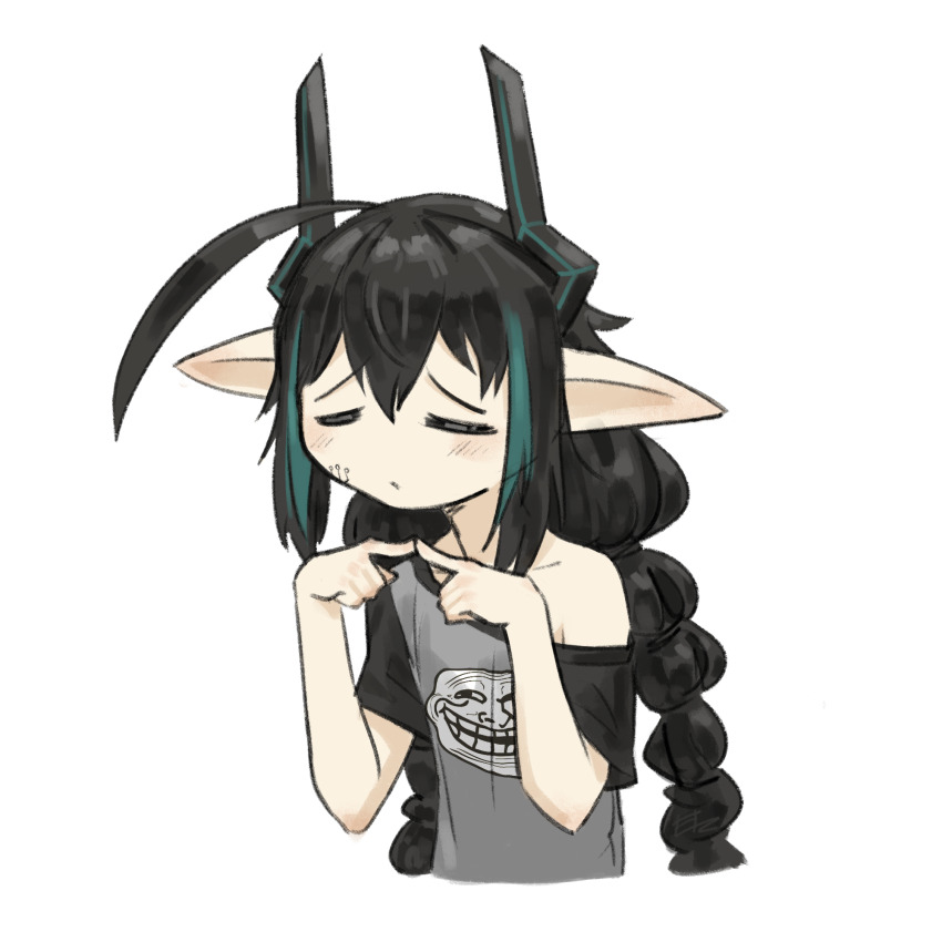1girl =_= ahoge black_hair black_horns braid closed_eyes closed_mouth elf elfinpsyop elzielai facial_mark green_hair grey_shirt highres horns huge_ahoge indie_virtual_youtuber multicolored_hair pointy_ears shirt simple_background solo streaked_hair troll_face twin_braids virtual_youtuber white_background