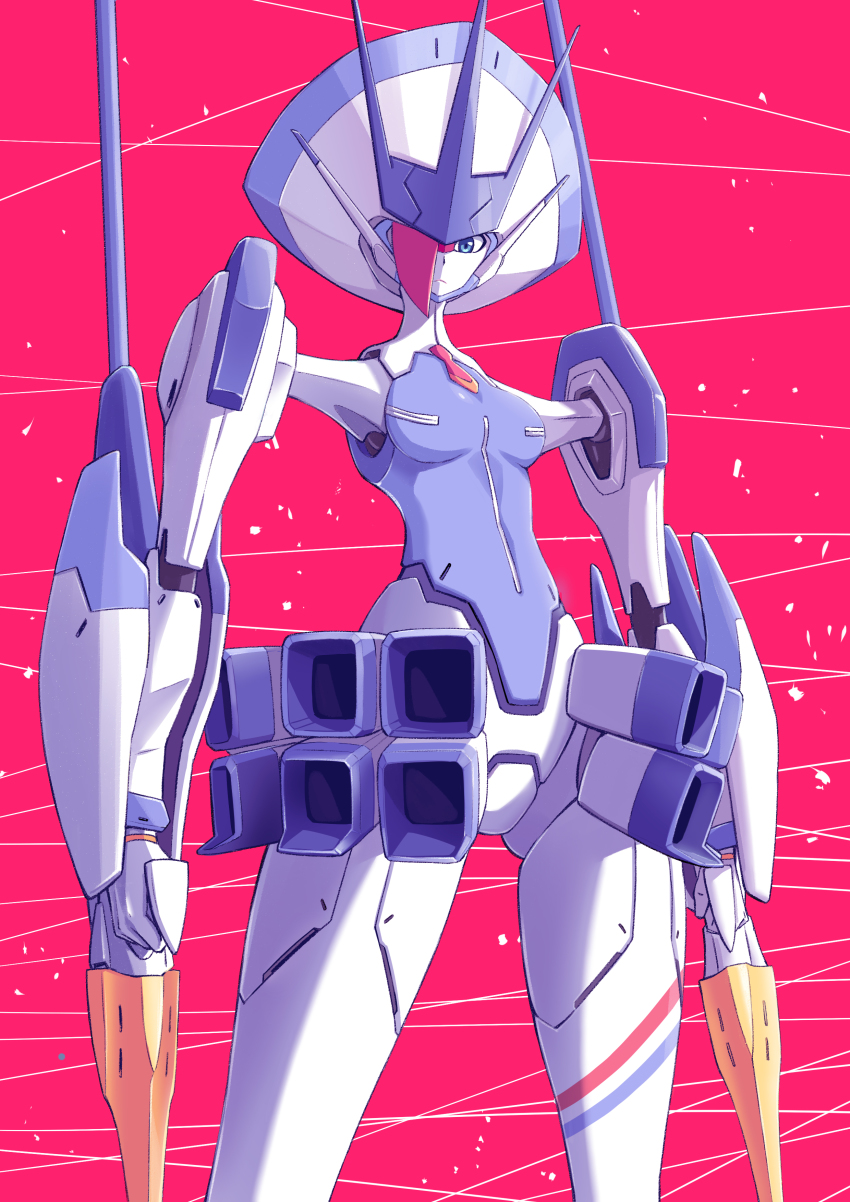 absurdres bad_id bad_pixiv_id blue_eyes breasts closed_mouth commentary_request darling_in_the_franxx delphinium_(darling_in_the_franxx) diagonal_stripes feet_out_of_frame fish.boy from_below highres holding holding_lance holding_polearm holding_weapon humanoid_robot joints lance looking_at_viewer looking_down magenta_background mecha no_humans one_eye_covered pink_background polearm robot small_breasts standing striped thighs thrusters weapon