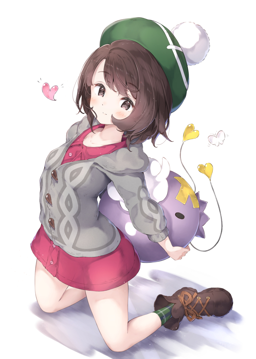 1girl absurdres blush boots brown_boots brown_eyes brown_hair closed_mouth commentary_request dress drifloon full_body gen_4_pokemon gloria_(pokemon) green_hat green_socks grey_sweater hat heart highres looking_at_viewer medium_hair nintendo pink_dress plaid_clothes plaid_socks pokemon pokemon_(creature) pokemon_swsh socks solid_oval_eyes sweater ukiwakisen white_background